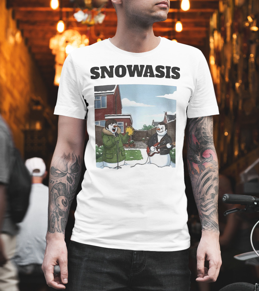 Snowasis Snowman Winter Oasis Vintage Guitar Tambourine Scene T-Shirt