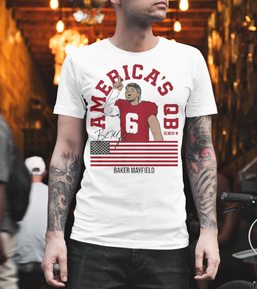 Baker Mayfield America's QB Number 6 USA Flag Signature T-Shirt