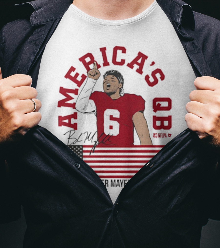 Baker Mayfield America's QB Number 6 USA Flag Signature T-Shirt