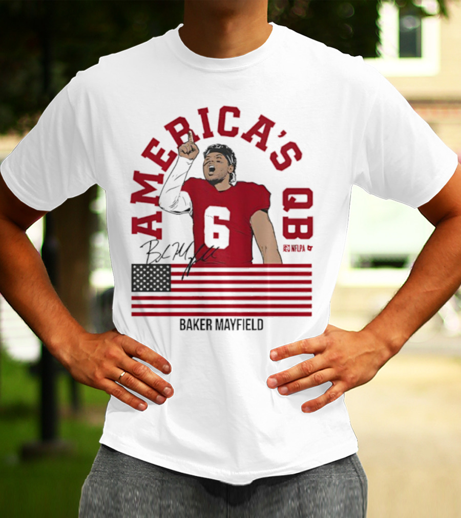 Baker Mayfield America's QB Number 6 USA Flag Signature T-Shirt