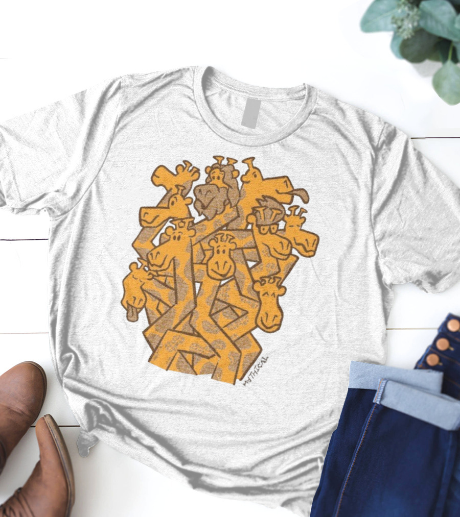Mythical Gentle Giants Giraffe Cartoon Ensemble T-Shirt