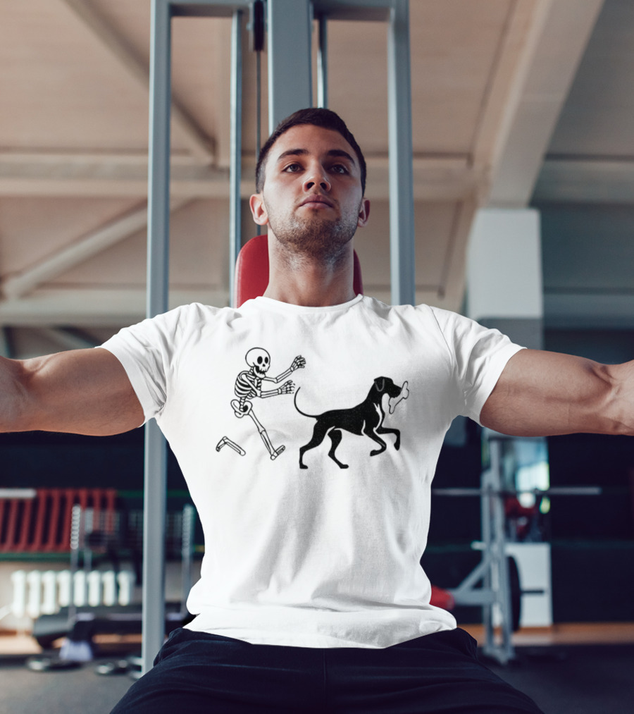 Skeleton Chasing Dog With Bone Funny Meme Halloween T-Shirt