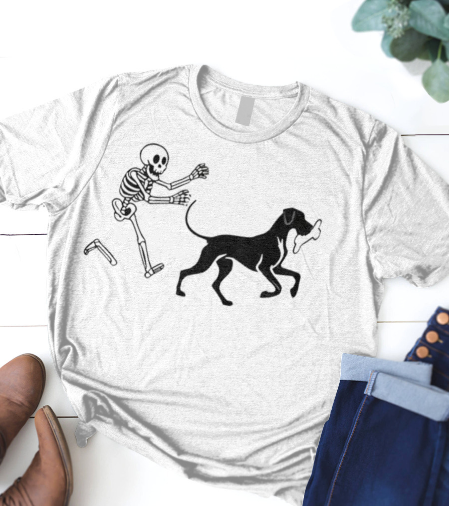 Skeleton Chasing Dog With Bone Funny Meme Halloween T-Shirt