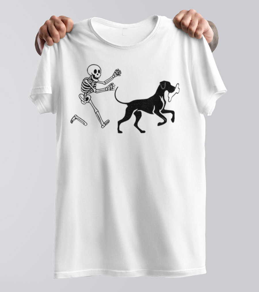 Skeleton Chasing Dog With Bone Funny Meme Halloween T-Shirt