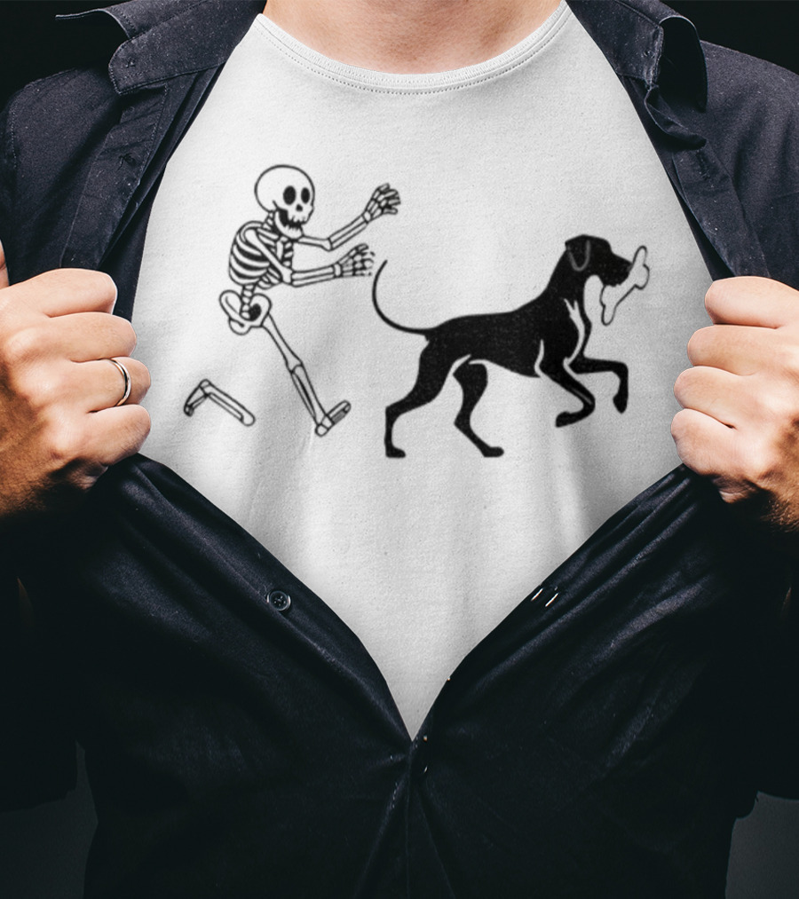Skeleton Chasing Dog With Bone Funny Meme Halloween T-Shirt