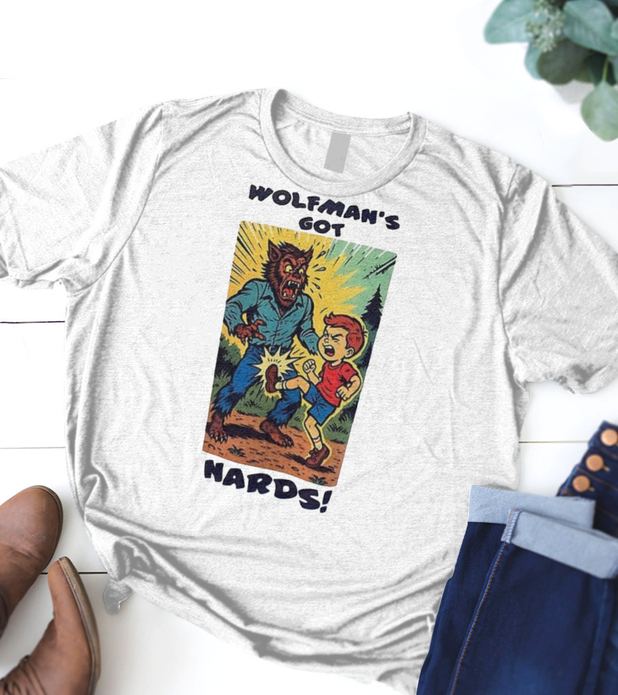 Wolfman’s Got Nards Vintage Comic Style Kid Kicking Wolfman T-Shirt