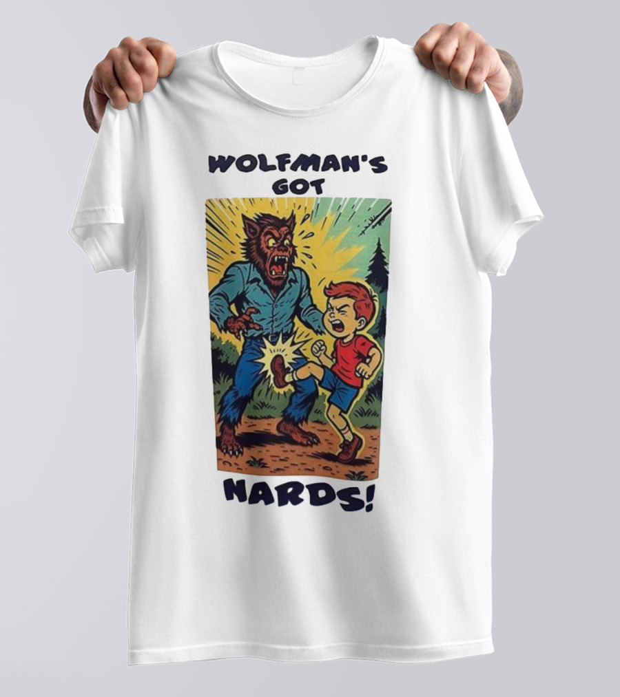 Wolfman’s Got Nards Vintage Comic Style Kid Kicking Wolfman T-Shirt