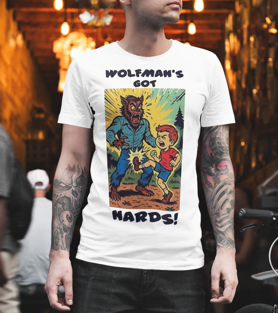 Wolfman’s Got Nards Vintage Comic Style Kid Kicking Wolfman T-Shirt
