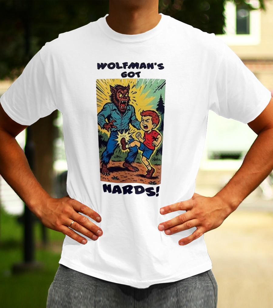 Wolfman’s Got Nards Vintage Comic Style Kid Kicking Wolfman T-Shirt