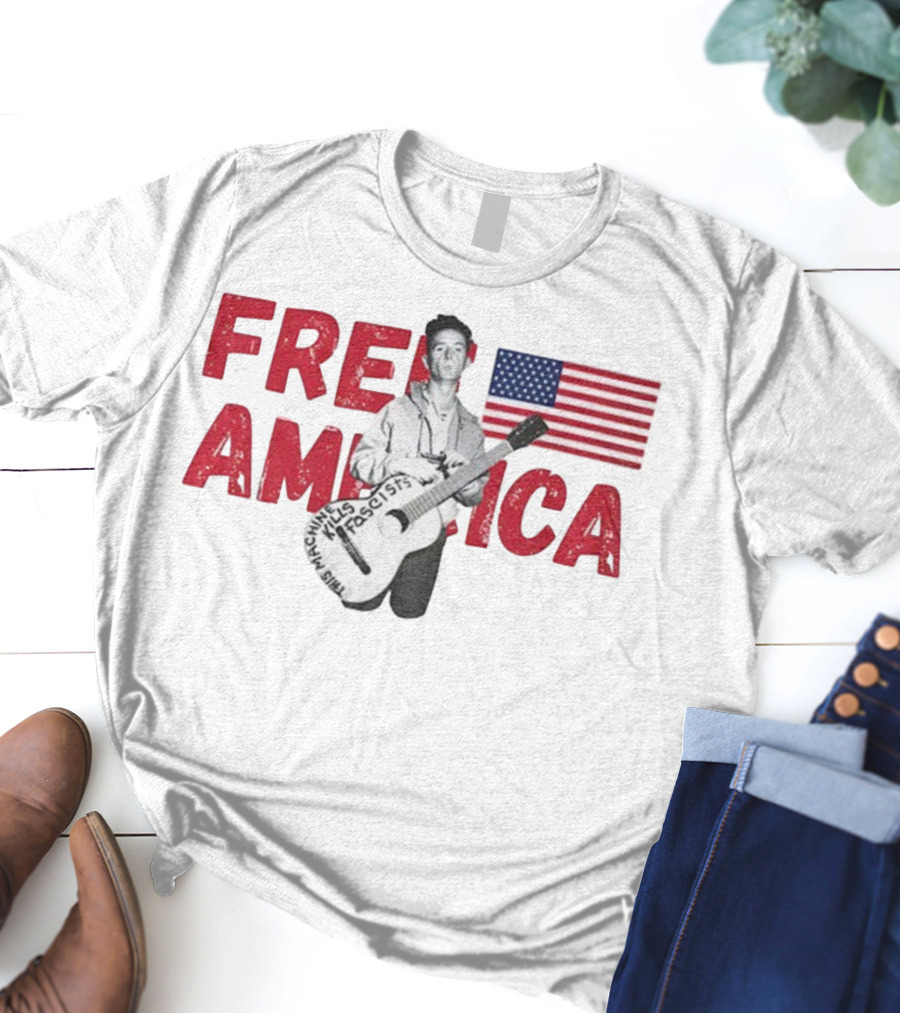 Woody Guthrie This Machine Kills Fascists Free America USA Flag T-Shirt