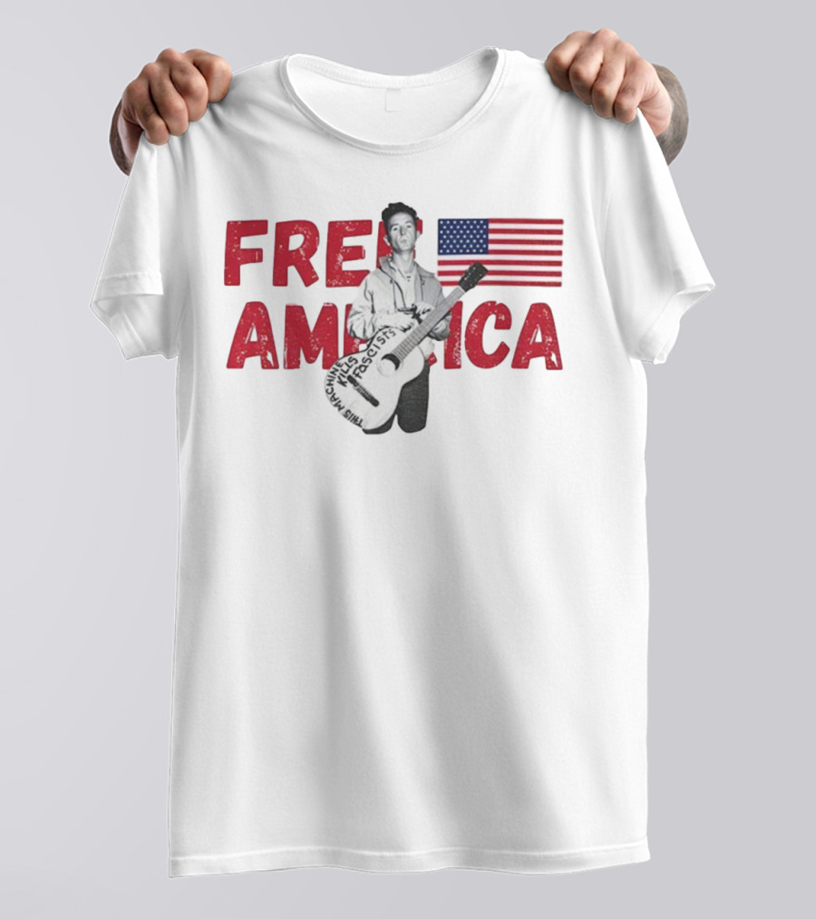 Woody Guthrie This Machine Kills Fascists Free America USA Flag T-Shirt