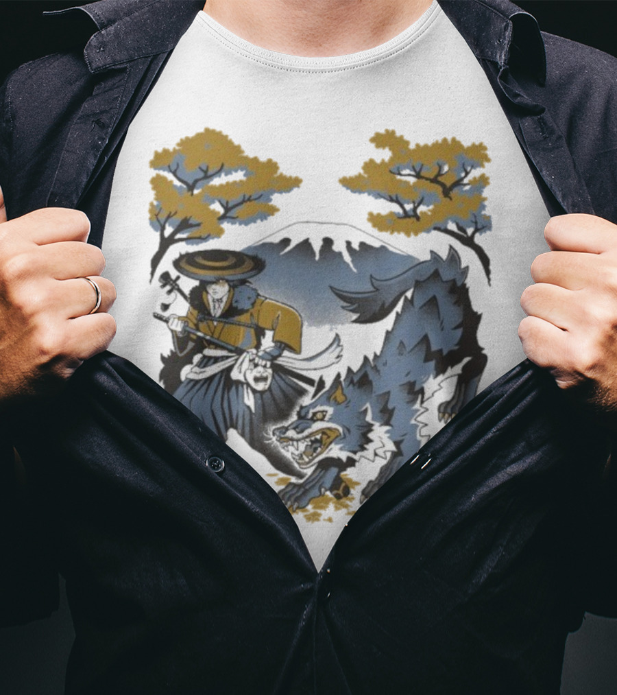 Ghost Of Yotei The Hunters Ukiyo-e Warrior With Wolf Mythical Scene T-Shirt