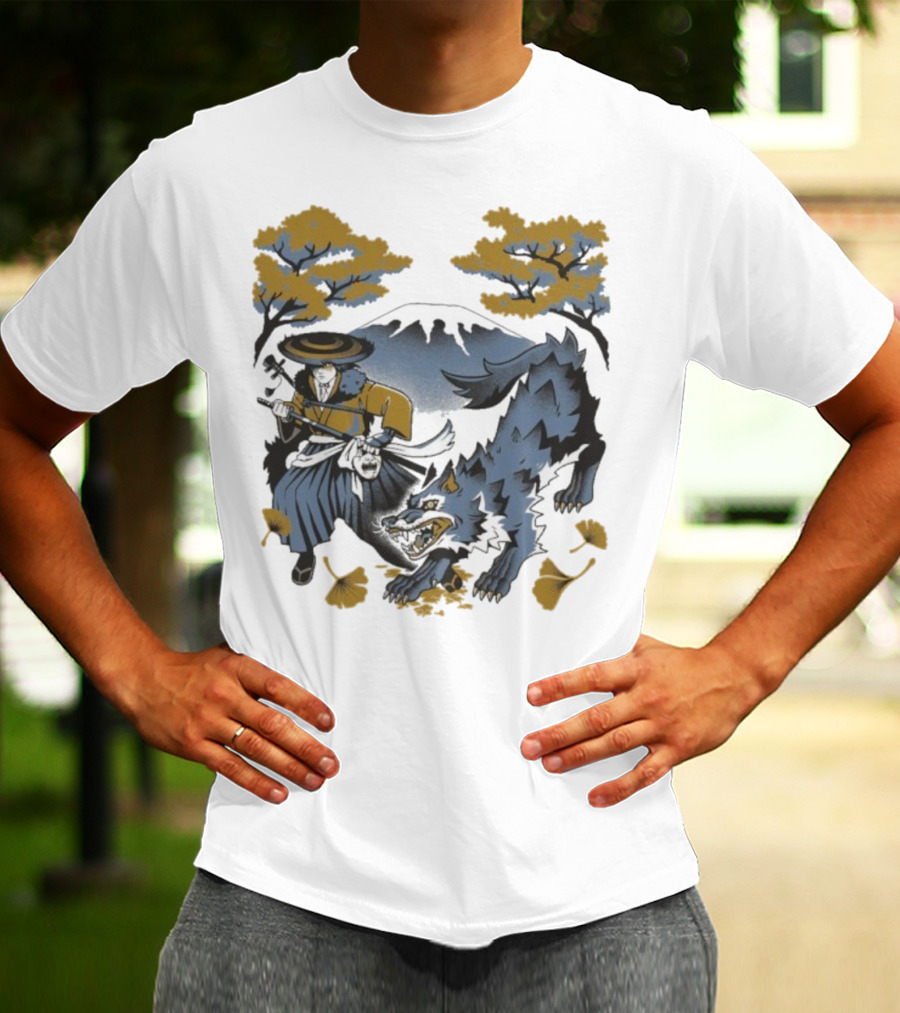 Ghost Of Yotei The Hunters Ukiyo-e Warrior With Wolf Mythical Scene T-Shirt