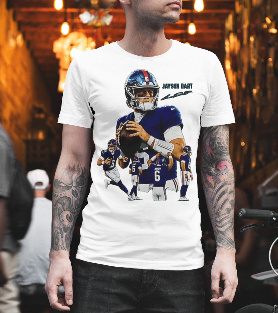 Jaxson Dart New York Giants NFL Football Signature Quarterback Action T-Shirt