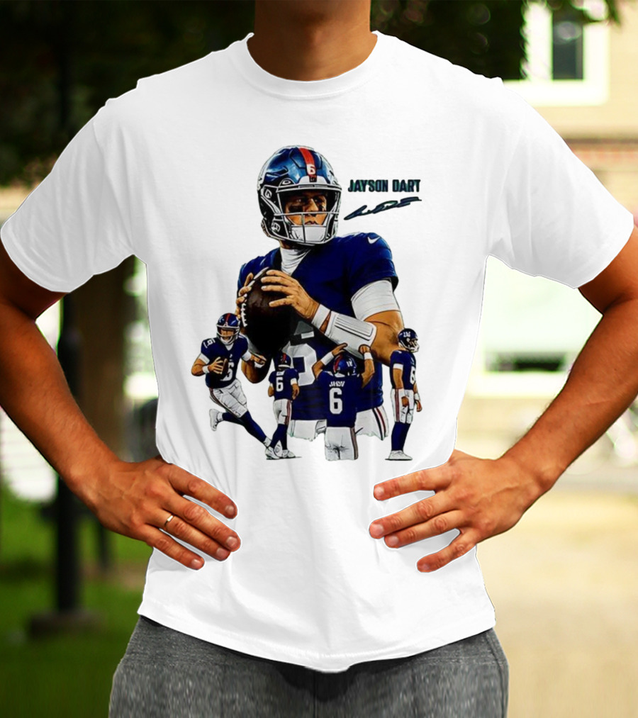 Jaxson Dart New York Giants NFL Football Signature Quarterback Action T-Shirt