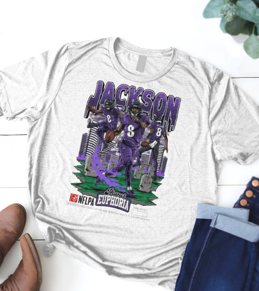 Lamar Jackson NFLPA Planet Euphoria Purple Football Action T-Shirt