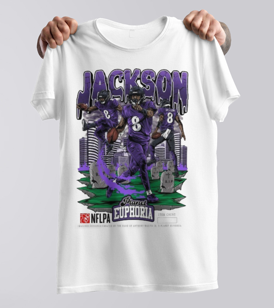 Lamar Jackson NFLPA Planet Euphoria Purple Football Action T-Shirt