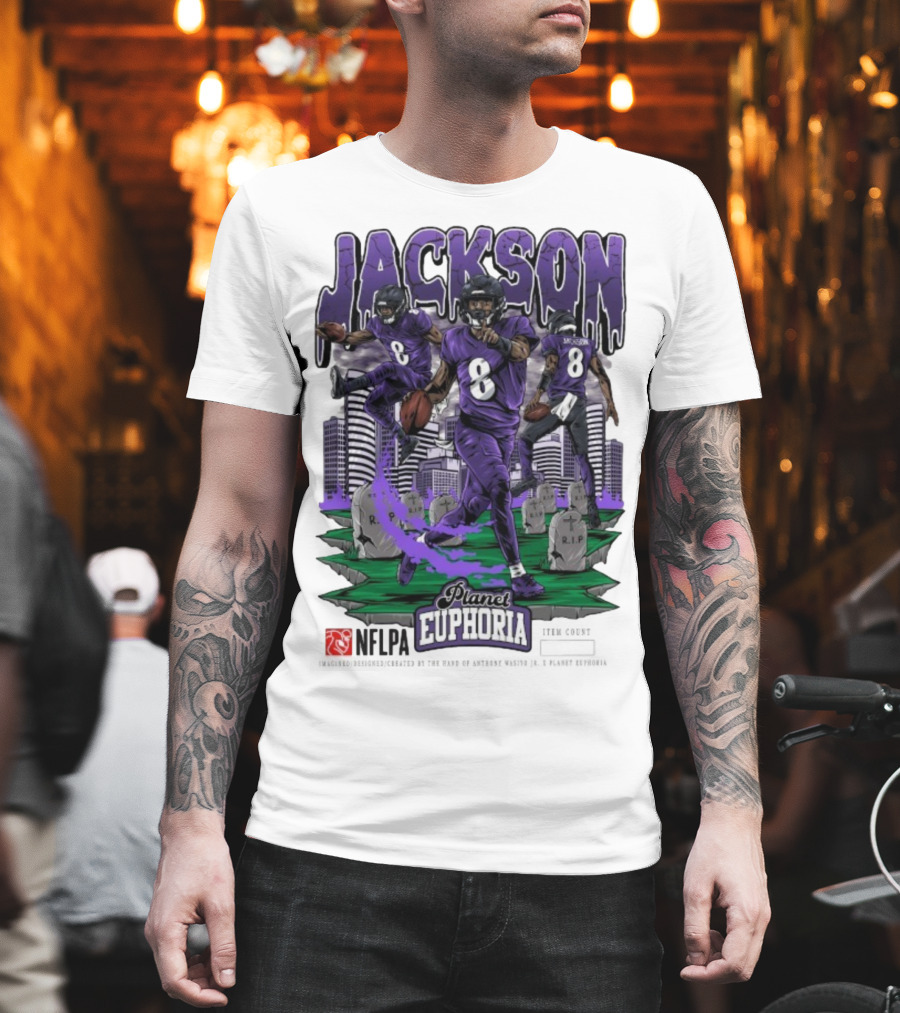 Lamar Jackson NFLPA Planet Euphoria Purple Football Action T-Shirt
