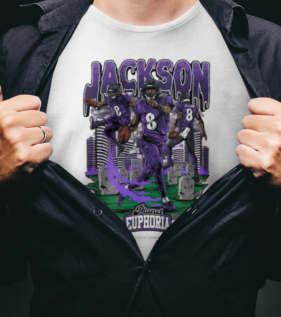 Lamar Jackson NFLPA Planet Euphoria Purple Football Action T-Shirt