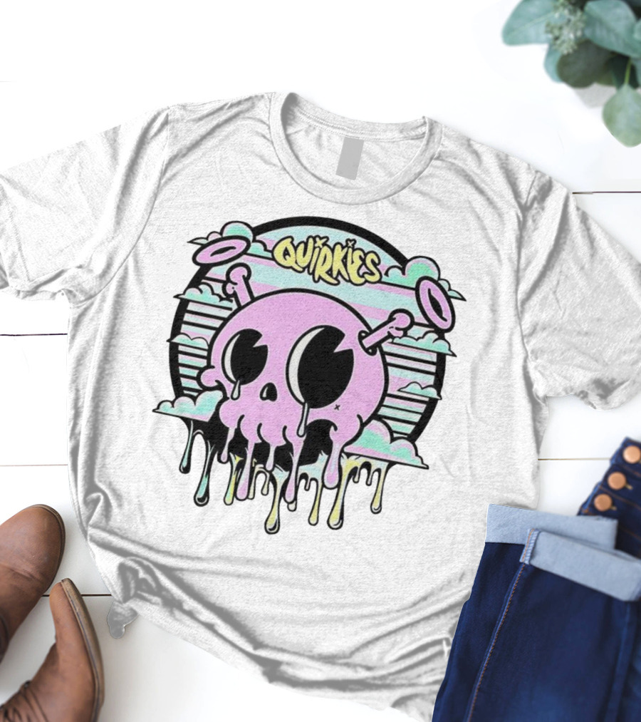 Quirkies Melting Skull With Two Crossbones Vintage Pastel Clouds T-Shirt