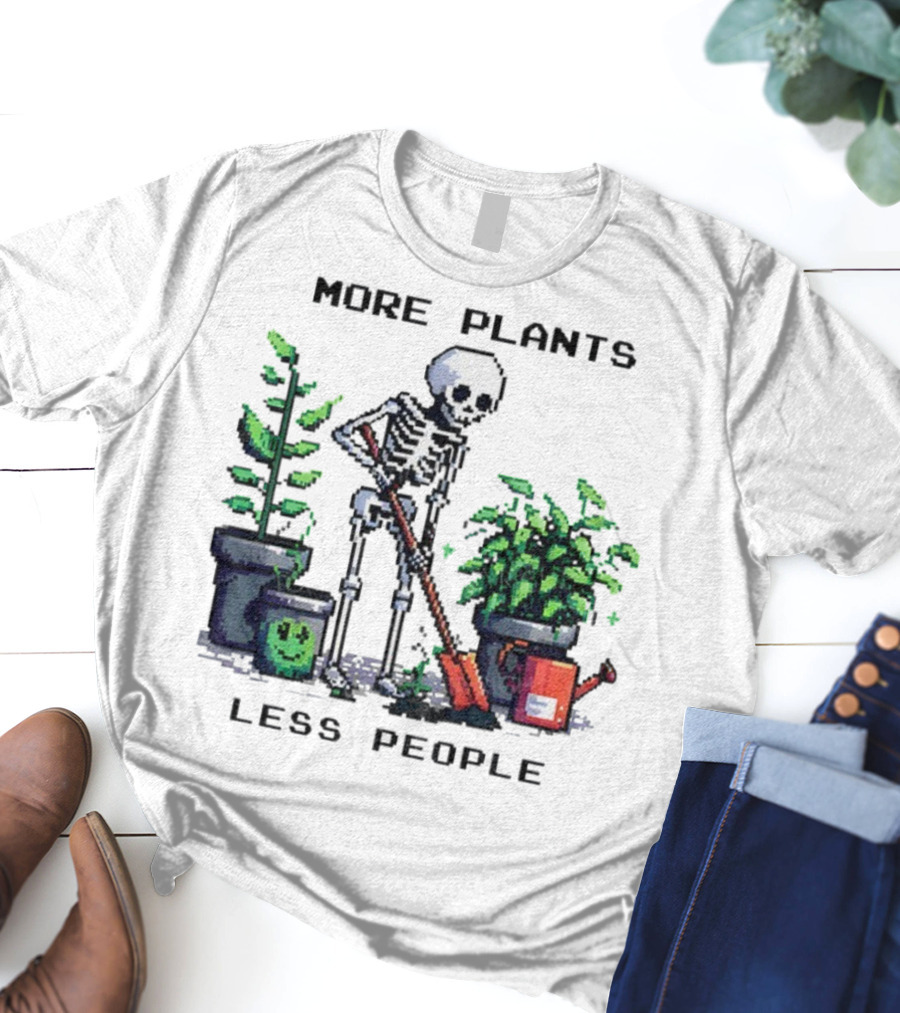 Skeleton Gardening More Plants Less People Pixel Art T-Shirt
