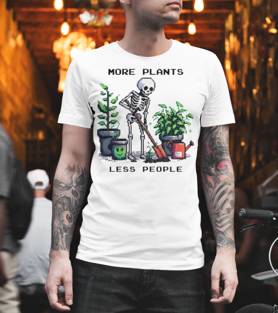 Skeleton Gardening More Plants Less People Pixel Art T-Shirt