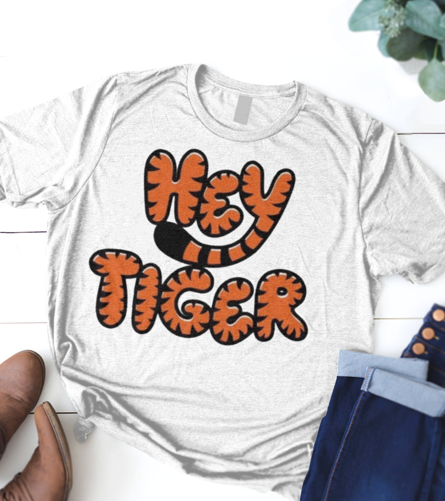 Cincinnati Bengals Hey Tiger Striped Bubble Letter Tiger Tail Pattern T-Shirt