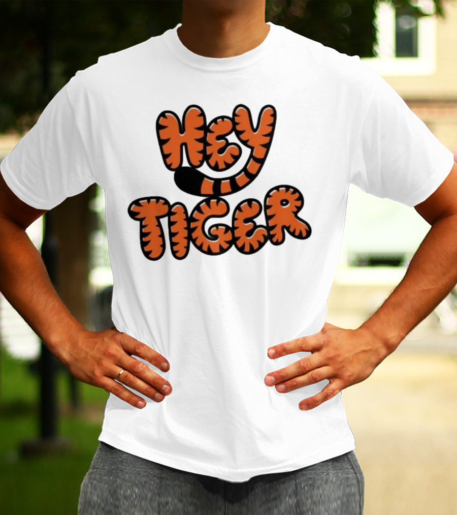 Cincinnati Bengals Hey Tiger Striped Bubble Letter Tiger Tail Pattern T-Shirt
