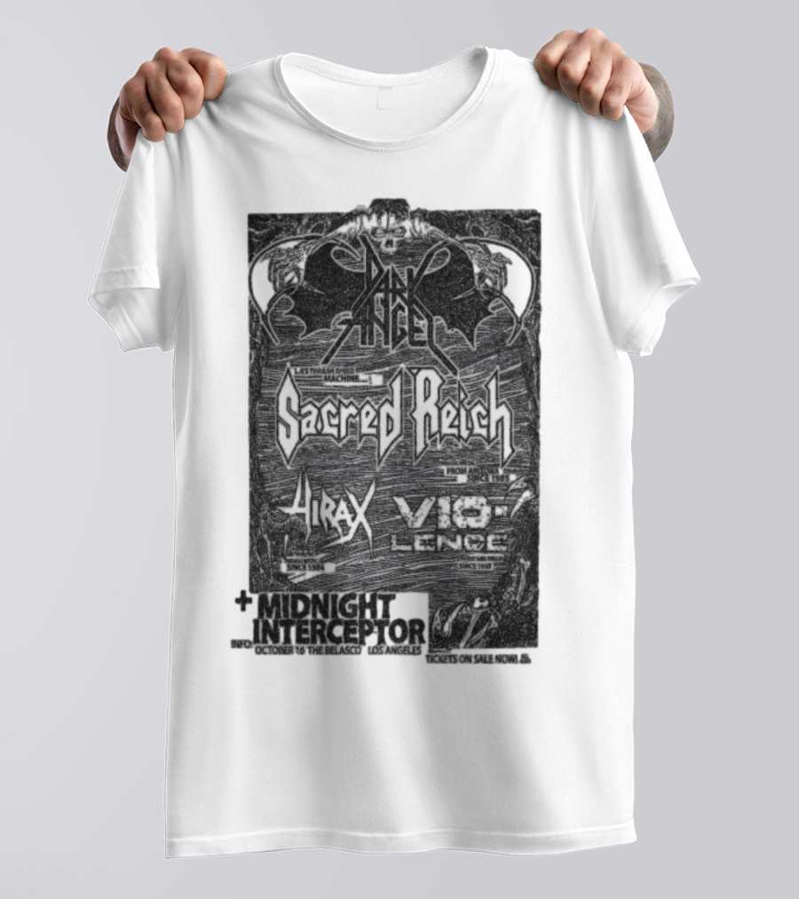 Dark Angel Sacred Reich Hirax Vio-Lence Midnight Interceptor The Belasco Los Angeles October 16 2025 T-Shirt