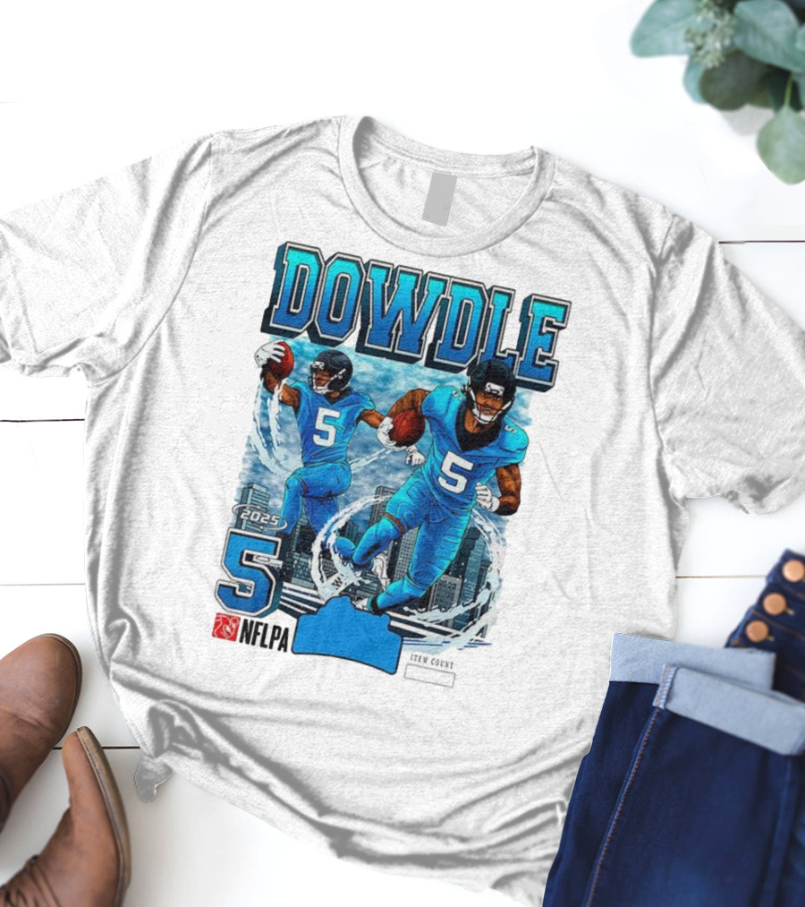 Rico Dowdle Carolina Panthers 2025 Number 5 Skyline NFLPA T-Shirt