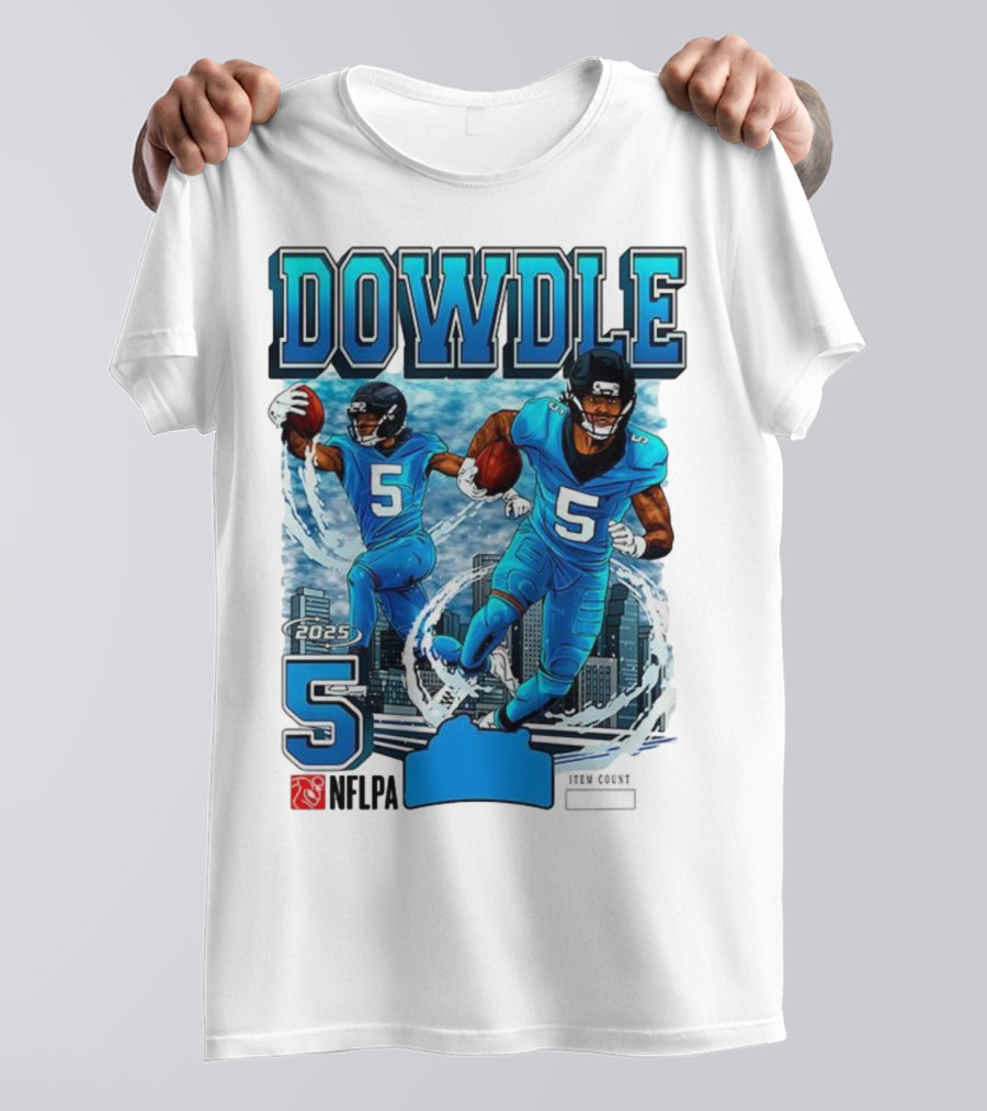 Rico Dowdle Carolina Panthers 2025 Number 5 Skyline NFLPA T-Shirt