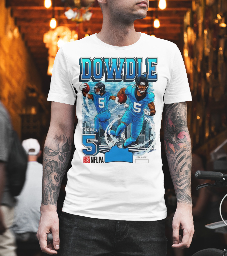 Rico Dowdle Carolina Panthers 2025 Number 5 Skyline NFLPA T-Shirt