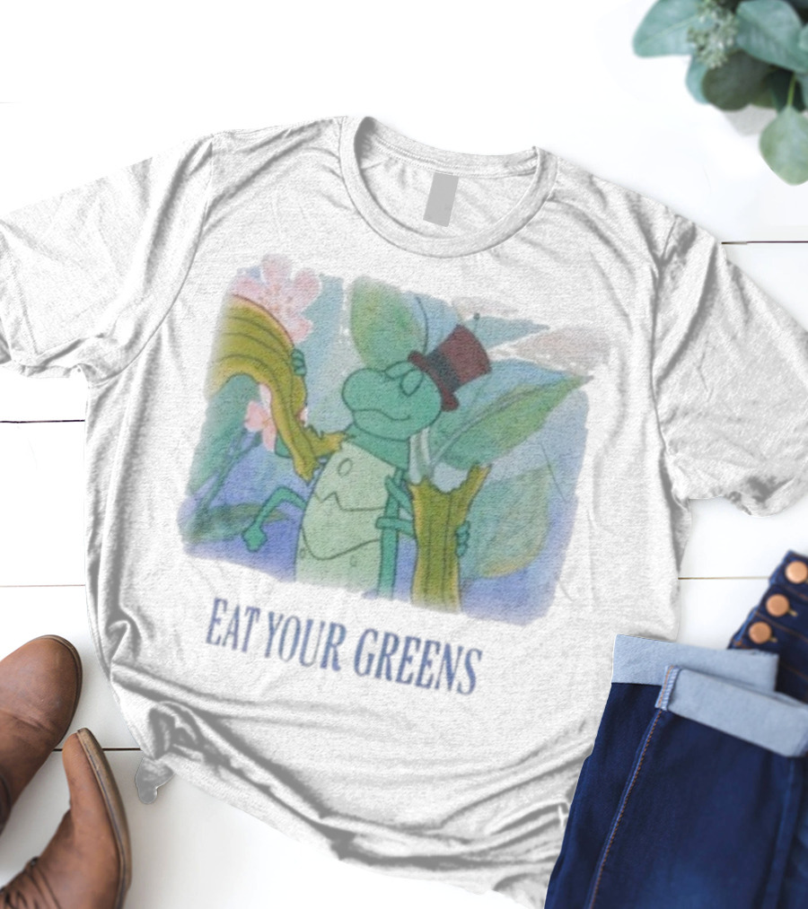 Eat Your Greens Cartoon Grasshopper Top Hat Celery Art T-Shirt