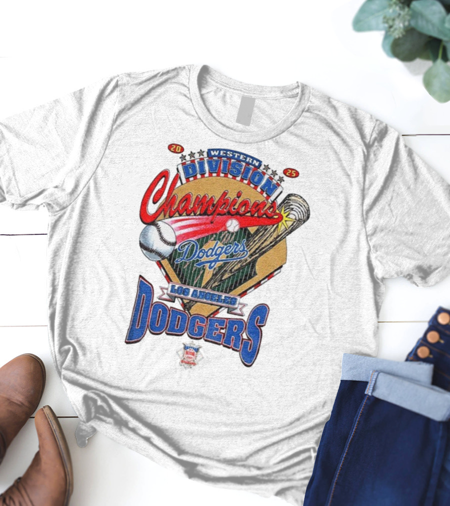 Los Angeles Dodgers 2025 Western Division Champions Baseball Bat And Ball T-Shirt