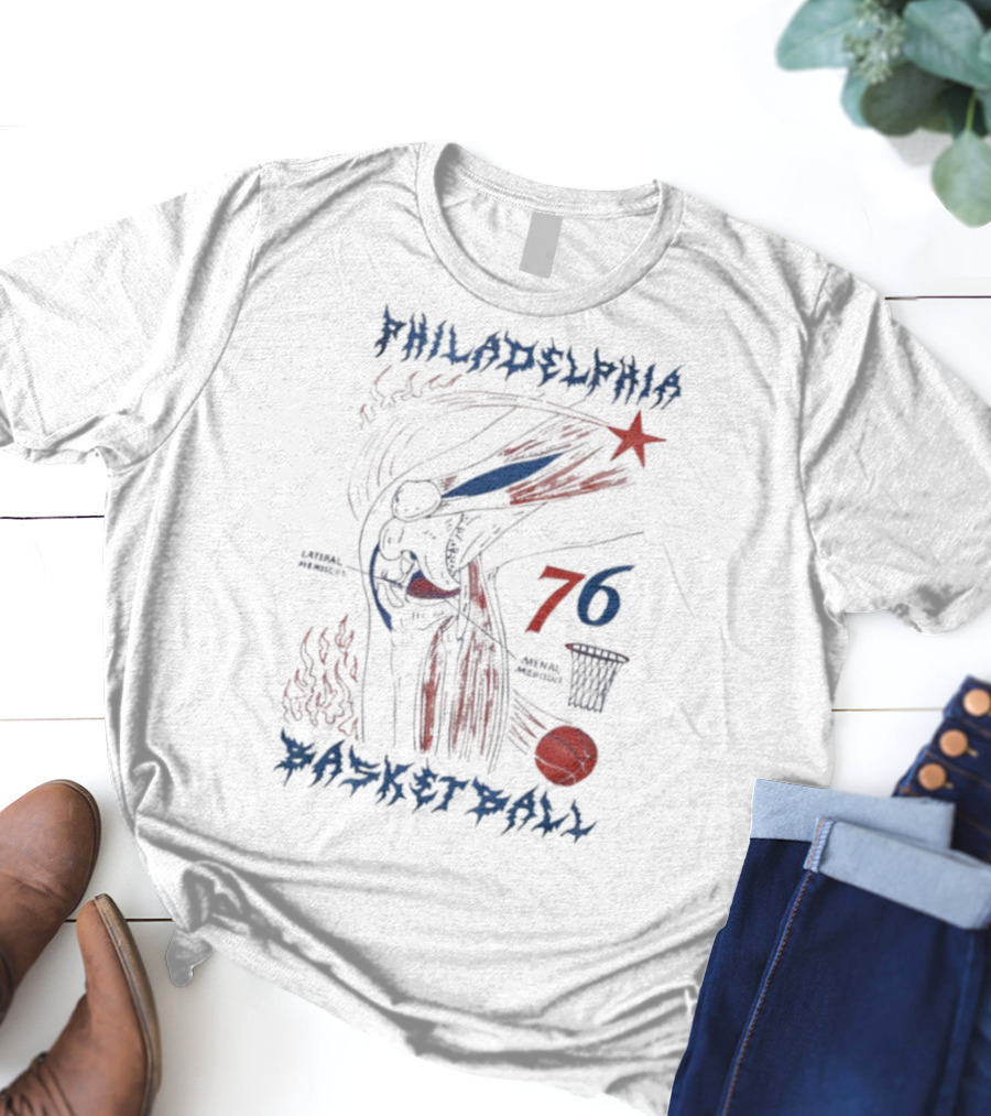 Philadelphia Basketball Red Blue Artistic 76 Star Knee Sketch T-Shirt