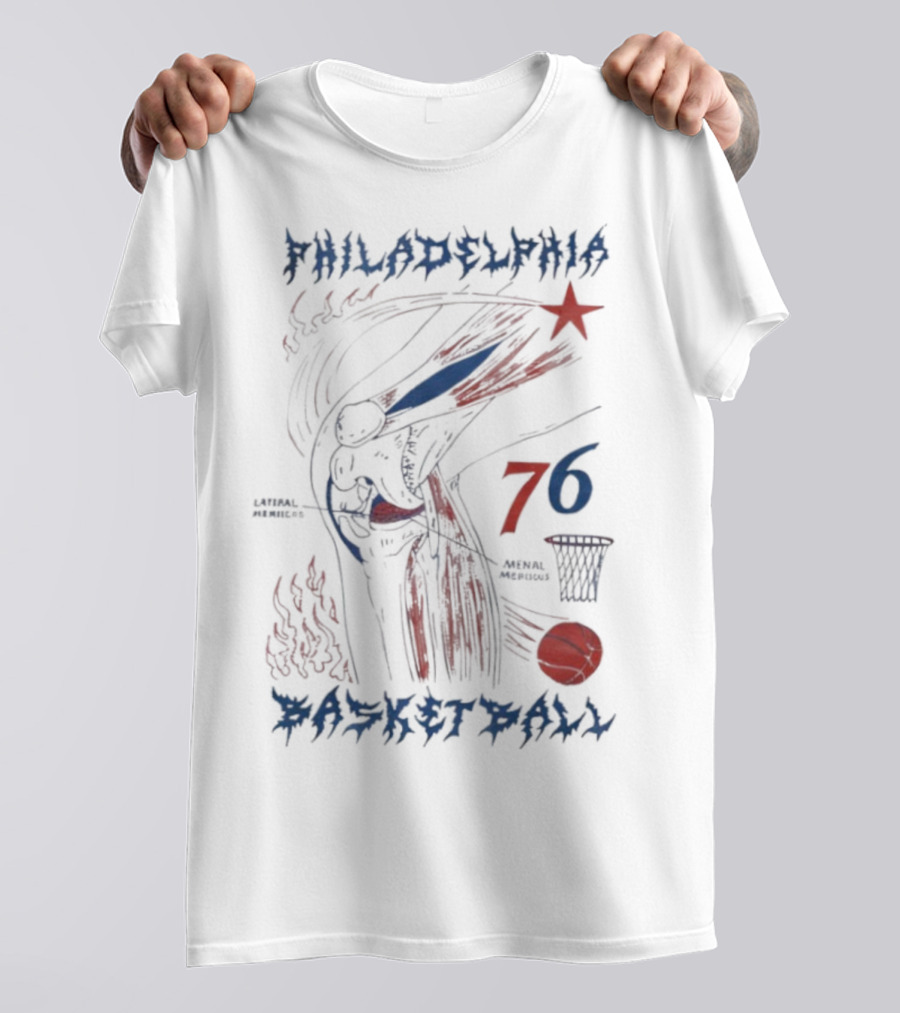 Philadelphia Basketball Red Blue Artistic 76 Star Knee Sketch T-Shirt