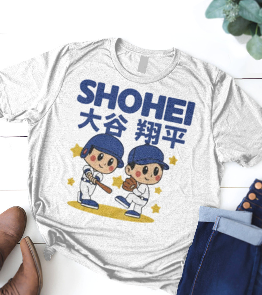 Shohei Ohtani Cartoon Baseball MLB Anime Style Kanji Stars T-Shirt