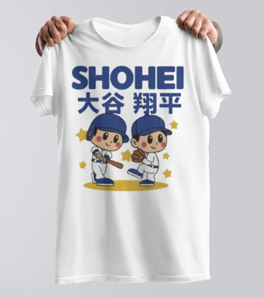 Shohei Ohtani Cartoon Baseball MLB Anime Style Kanji Stars T-Shirt