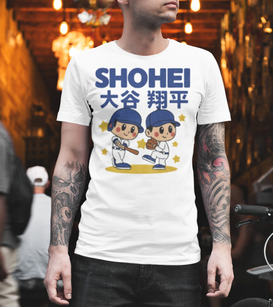 Shohei Ohtani Cartoon Baseball MLB Anime Style Kanji Stars T-Shirt