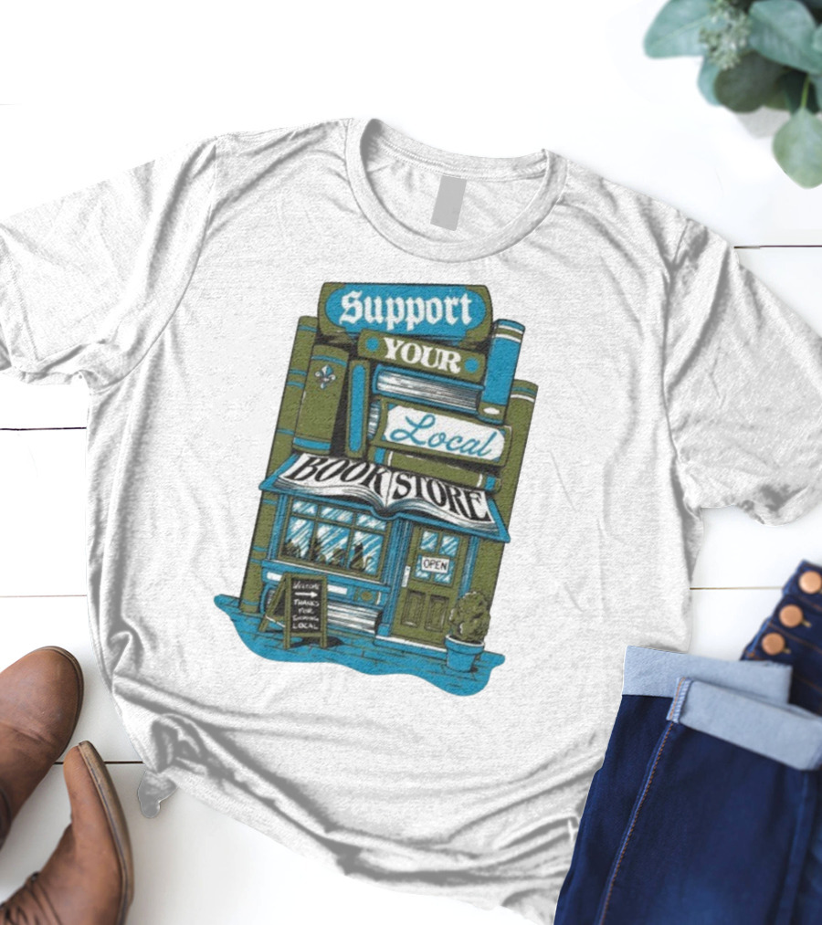 Support Your Local Bookstore Open Vintage Bookshelf Design T-Shirt