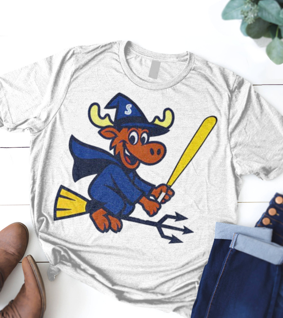 Etsy Moose Witch Seattle Mariners MLB Baseball Cartoon Trident T-Shirt