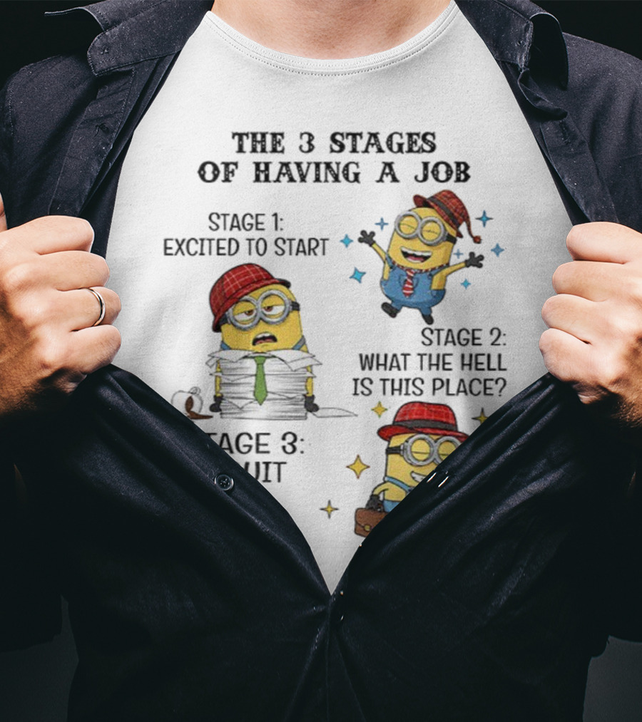 Minions The 3 Stages Of Having A Job Excited To Start What The Hell Is This Place I Quit T-Shirt