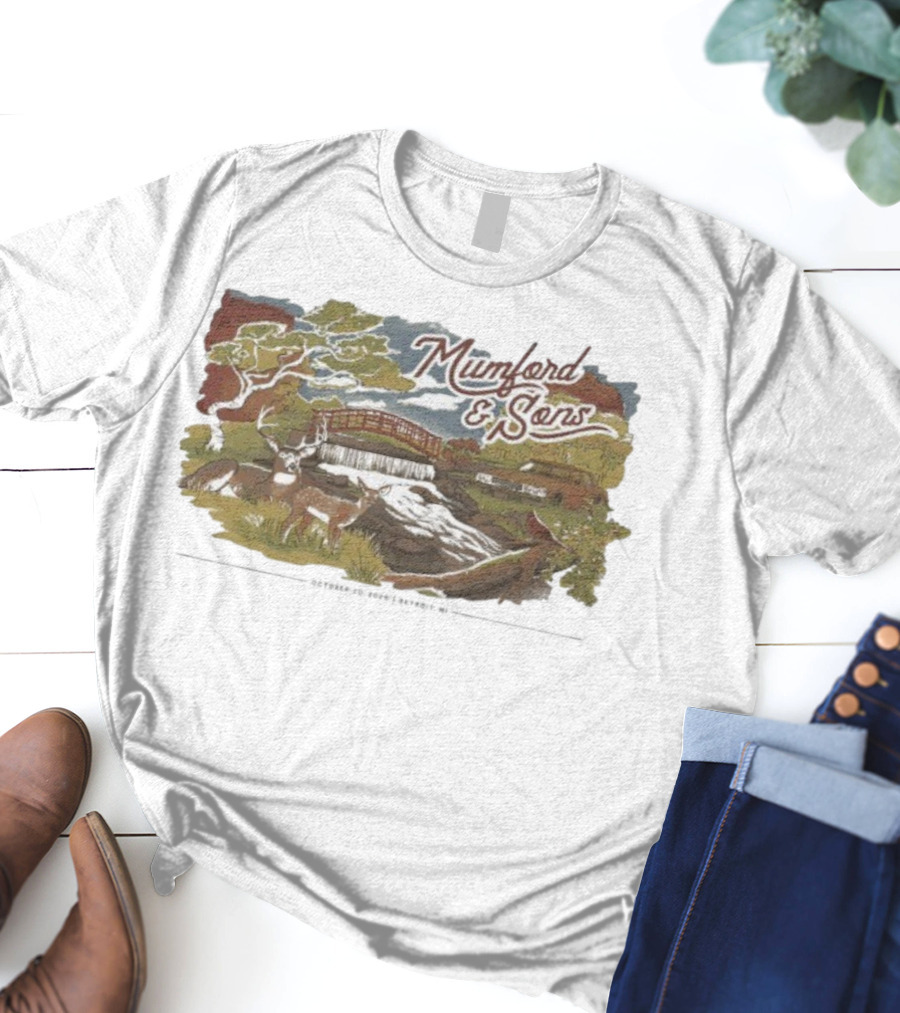 Mumford & Sons Little Caesars Arena Detroit MI October 20 2025 Deers Bridge And Stream Scene T-Shirt