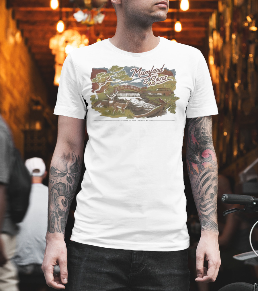 Mumford & Sons Little Caesars Arena Detroit MI October 20 2025 Deers Bridge And Stream Scene T-Shirt
