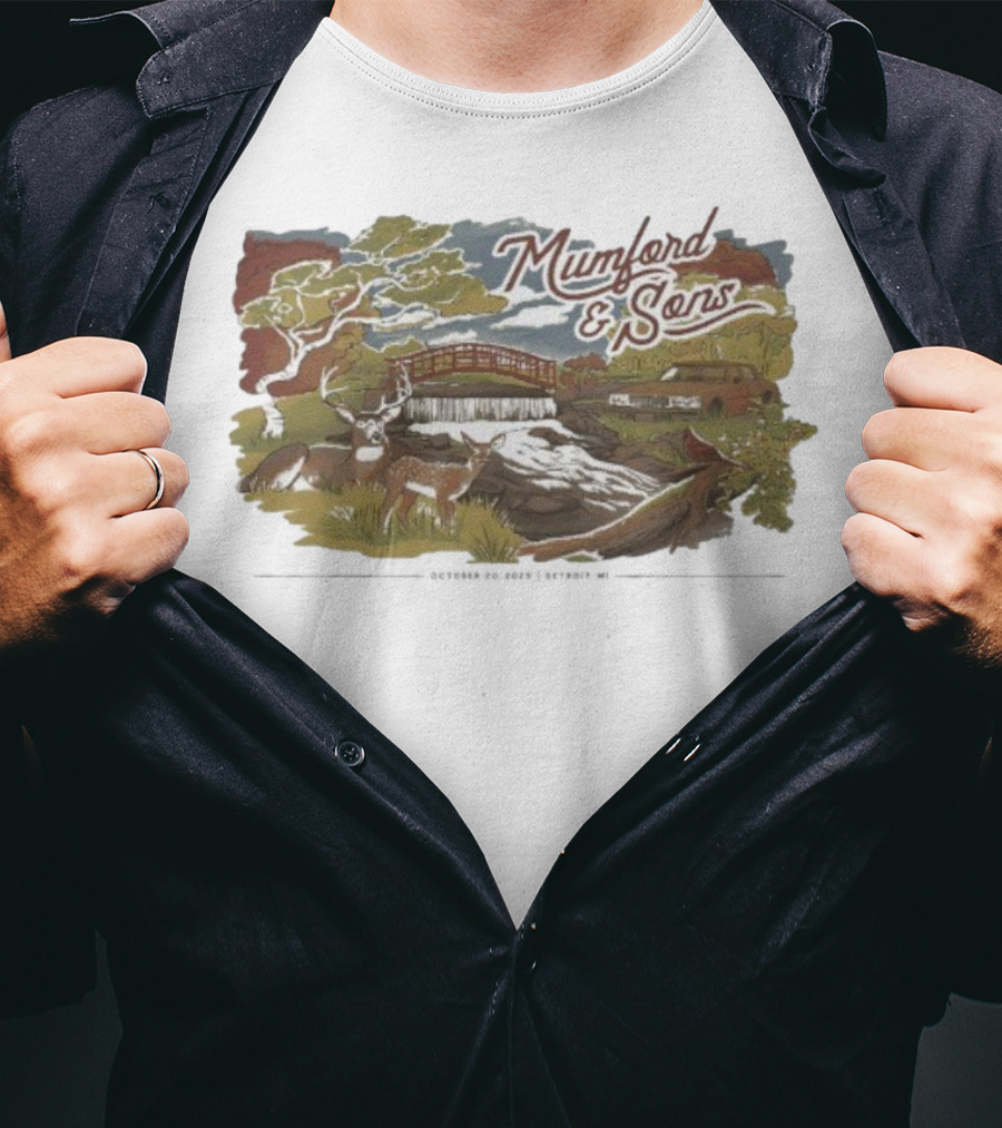 Mumford & Sons Little Caesars Arena Detroit MI October 20 2025 Deers Bridge And Stream Scene T-Shirt