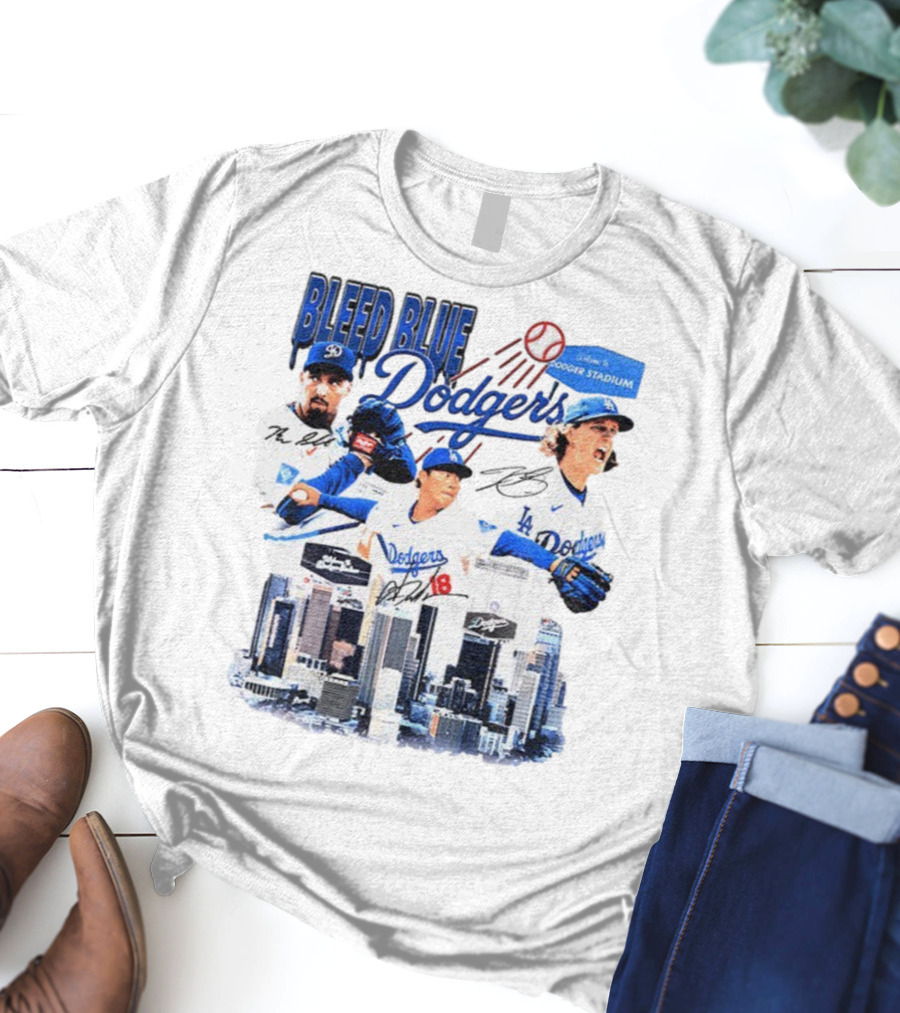 Bleed Blue Dodgers Shohei Ohtani Mookie Betts Yoshinobu Yamamoto Los Angeles Signatures Dodger Stadium T-Shirt