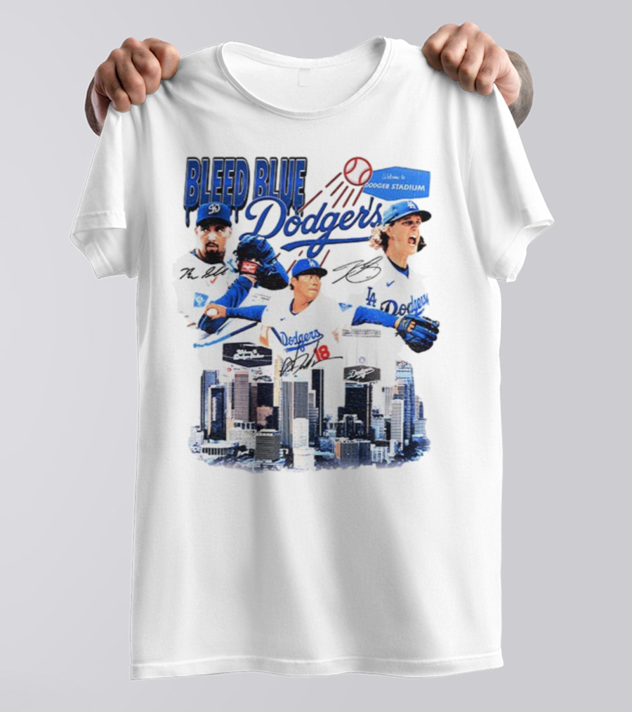 Bleed Blue Dodgers Shohei Ohtani Mookie Betts Yoshinobu Yamamoto Los Angeles Signatures Dodger Stadium T-Shirt
