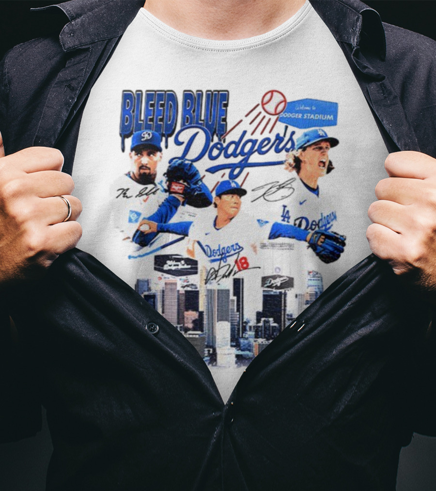 Bleed Blue Dodgers Shohei Ohtani Mookie Betts Yoshinobu Yamamoto Los Angeles Signatures Dodger Stadium T-Shirt