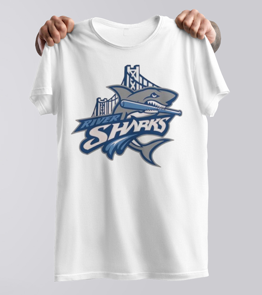 Camden Riversharks Baseball Team River Sharks Text With Shark And Bridge Imagery T-Shirt