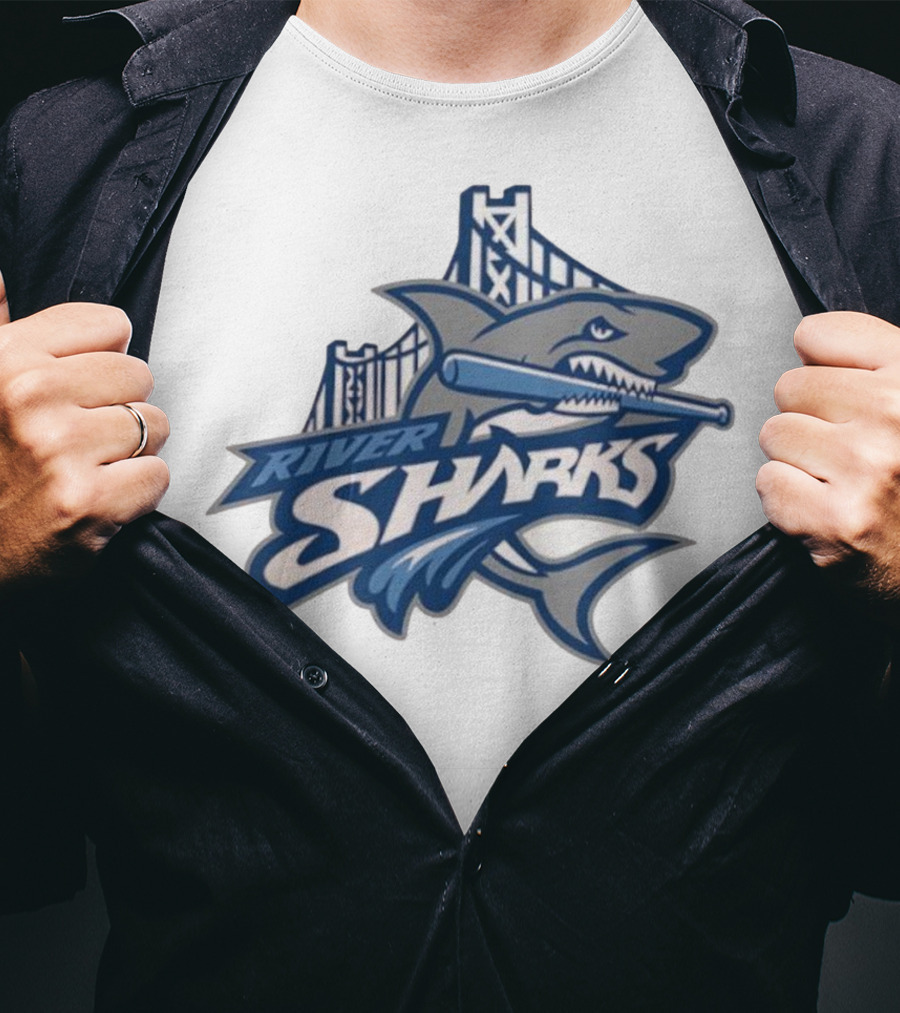 Camden Riversharks Baseball Team River Sharks Text With Shark And Bridge Imagery T-Shirt